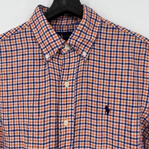 Ralph Lauren Mens Short Sleeve Gingham Linen Button Down Shirt Small Orange Blue
